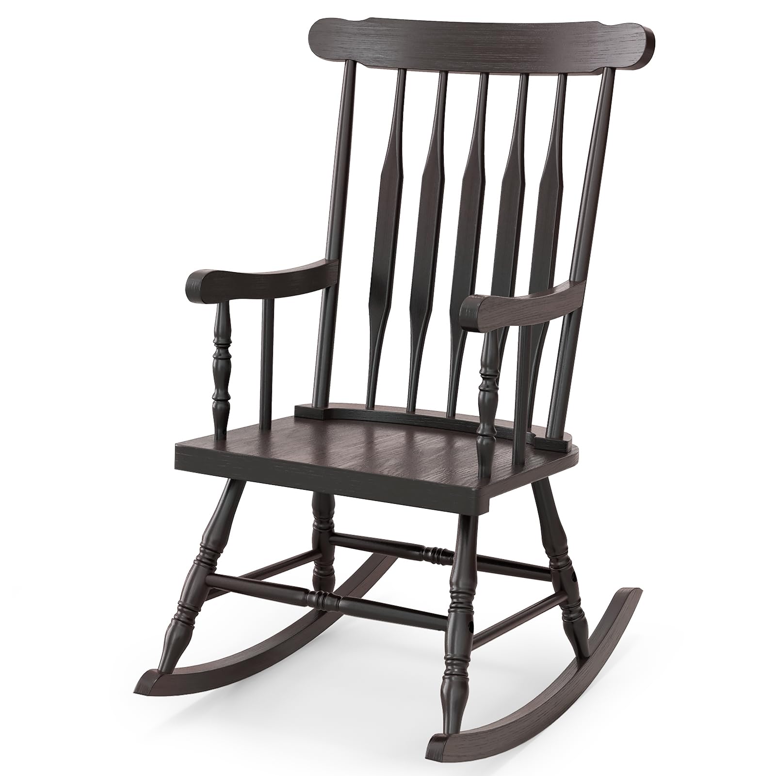 Tangkula Patio Rocking Chair Solid Rubber Wood, Outdoor Porch Rocker Chair With Rubber Wood Frame, Indoor Wooden Rocking Chair, Ideal For Garden, Backyard & Balcony (1, Espresso)